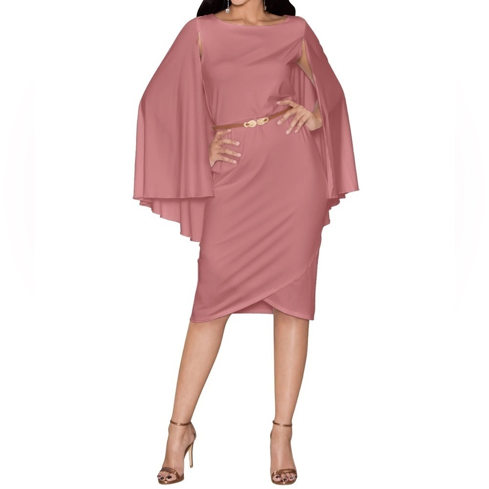 Koh Koh Cape Sleeve Tulip Hem Dress in Cinnamon Rose Pink